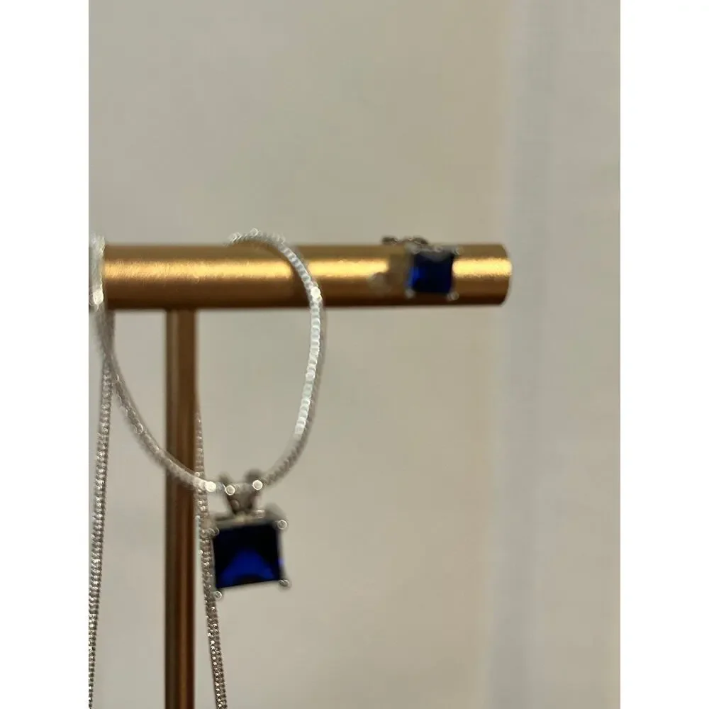 925 Sterling Silver Blue Sapphire CZ Necklace Earring Set 20
